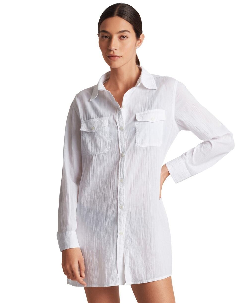 Lauren Ralph Lauren Women's Classic Camp Shirt Swim Cover-Up White Size M 0162